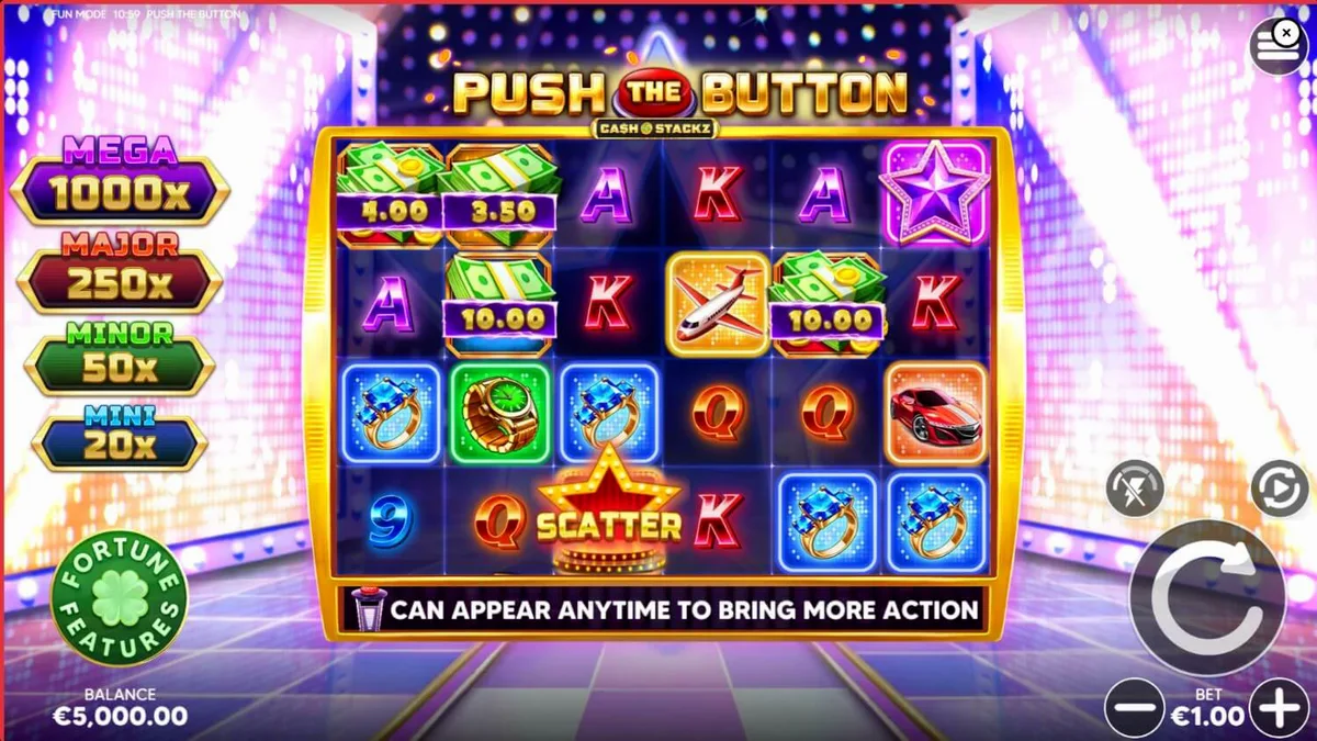 Tampilan antarmuka seluler slot Push the Button dengan desain studio game show yang mewah