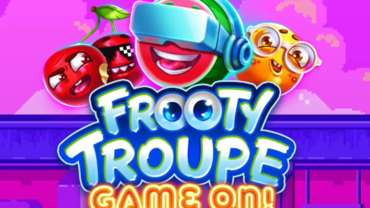 Tampilan visual retro dan penuh warna dari slot Frooty Troupe – Game On! dengan gaya seni piksel.