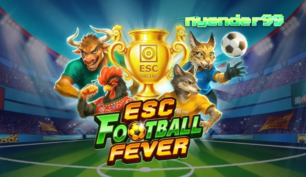 Tampilan visual slot ESC Football Fever dengan latar belakang stadion sepak bola yang megah.